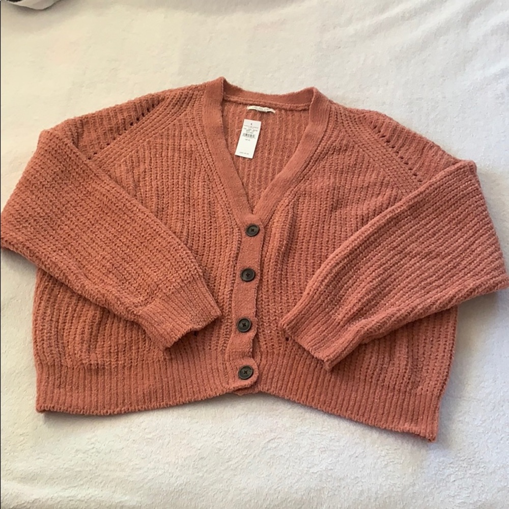 American Eagle Cropped Pink Chenille Cardigan